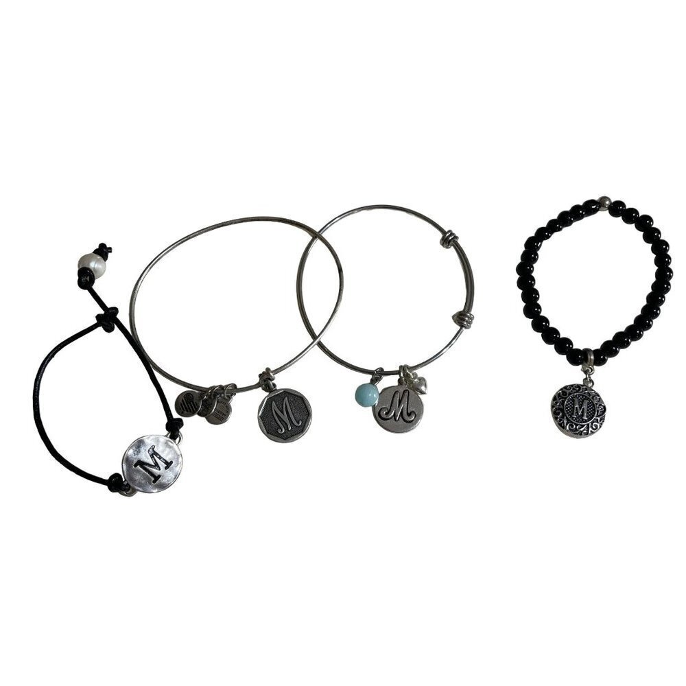 4 Monogramed "M" Bracelets Adjustable Bangle Stackable Silver Tone